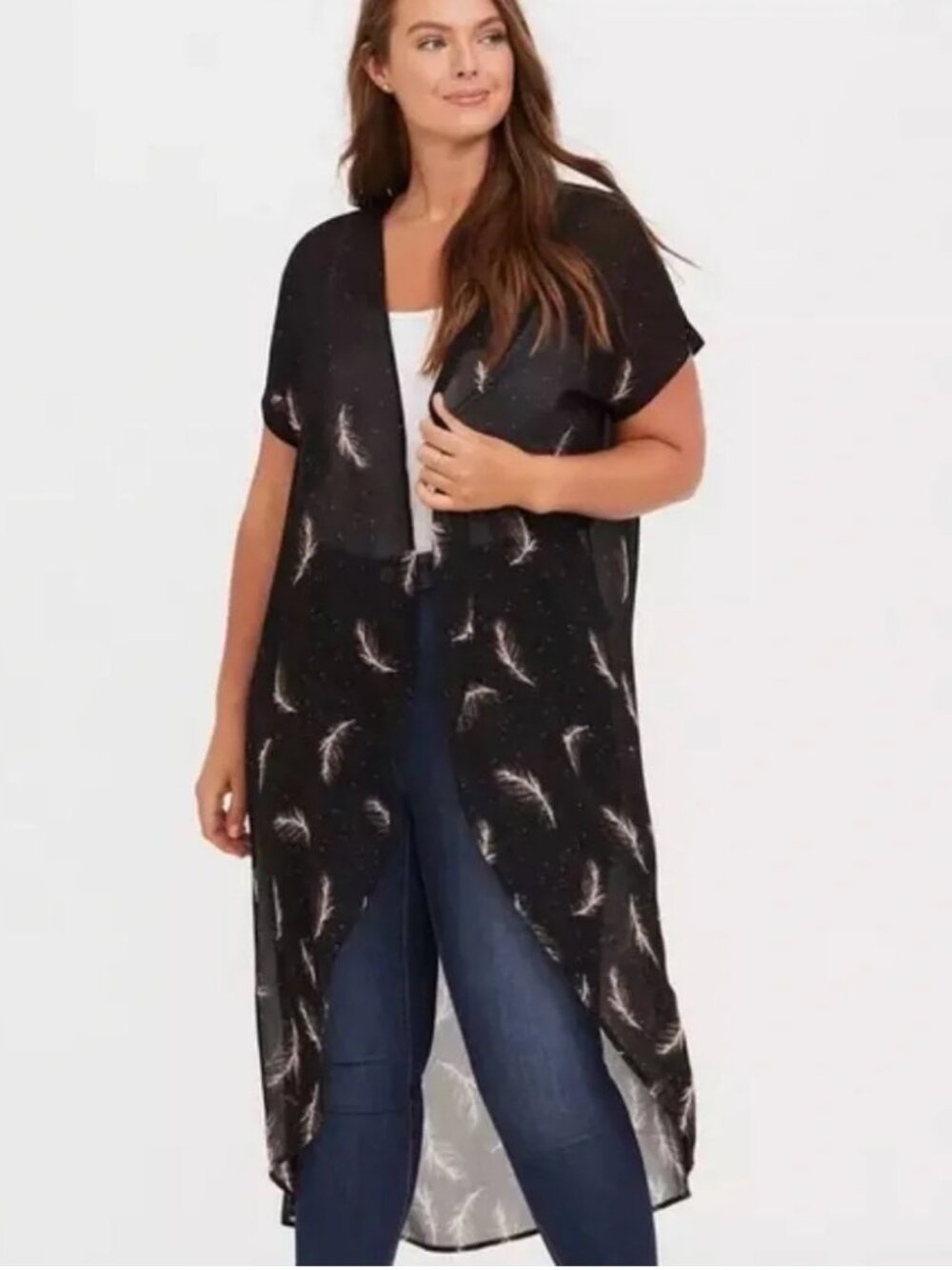 Torrid Black Feather Chiffon Kimono Coverup Size 3/4 Sheer Whimsigoth Witchy